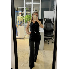 Siyah Rahat Kalıp Düz Keten Karışımlı Pantolon