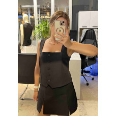 Kare Yaka Önden Düğmeli Siyah Yelek