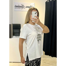 Beyaz Yuvarlak Yaka Baskı Detaylı Tişört