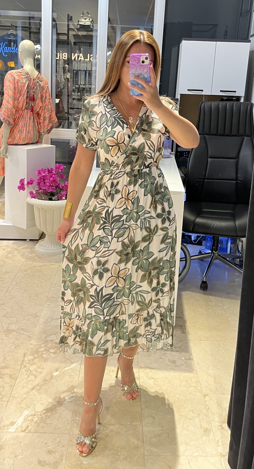 Kruvaze Beli Lastikli Yeşil İpek Elbise