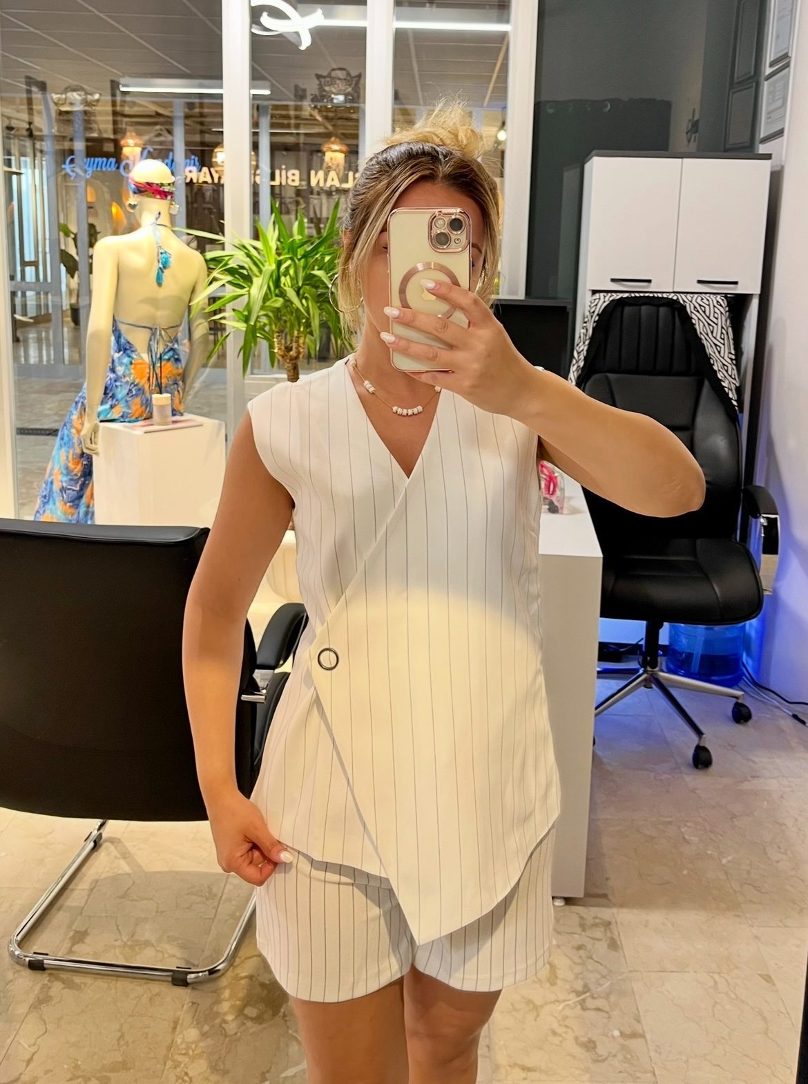 Palazzo Pantolon Düğmeli Kruvaze Yaka Yelek İkili Çizgili Takım