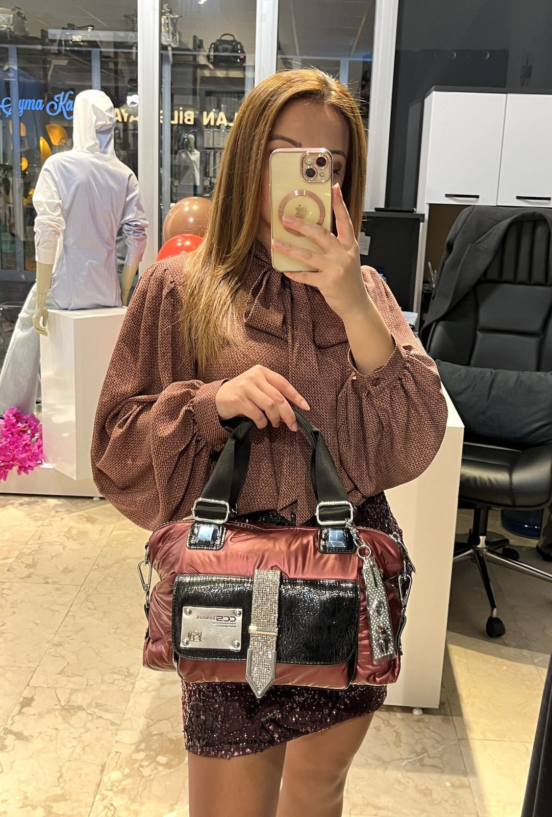 Bordo Taş Detaylı Omuz ve El Çantası