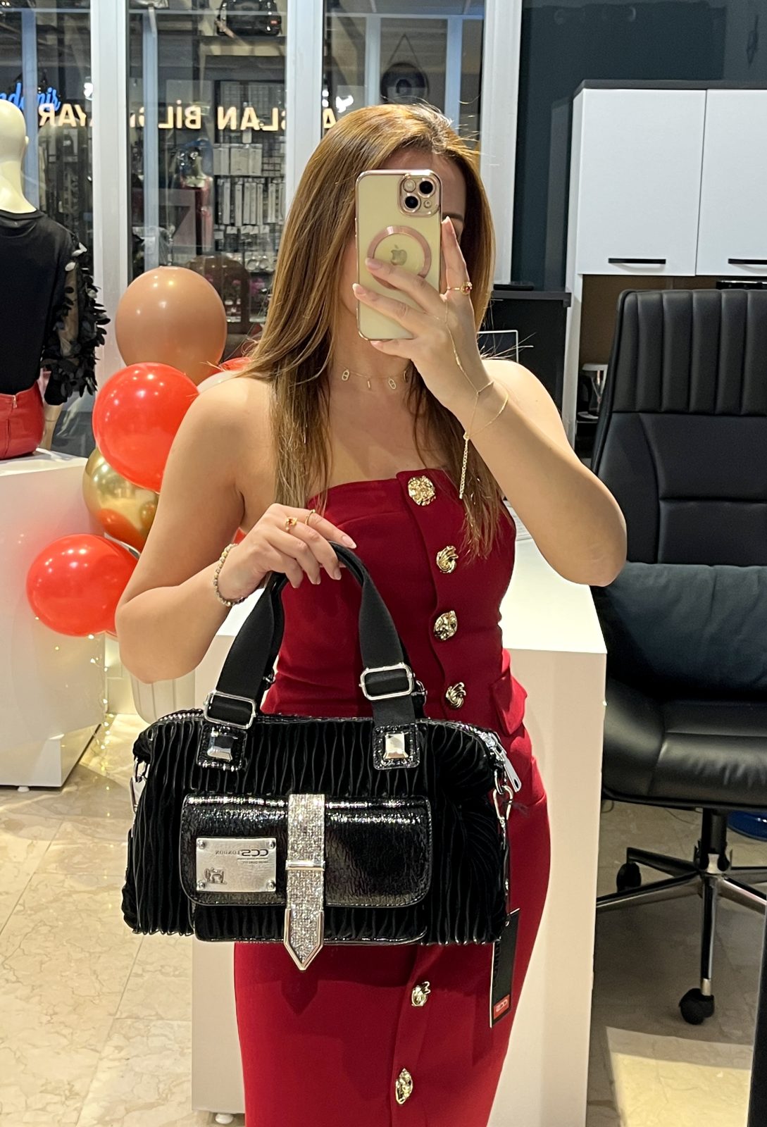 Siyah Taş Detaylı Omuz ve El Çantası