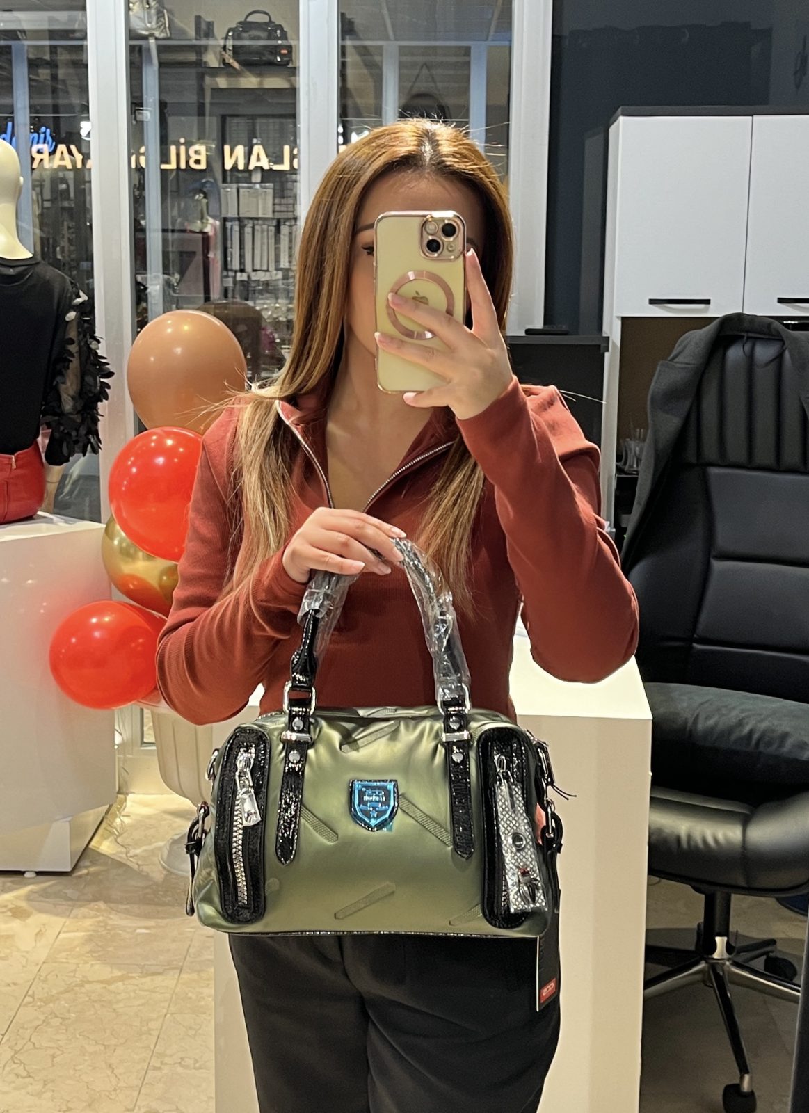 Yeşil Fermuar Detaylı Omuz ve El Çantası