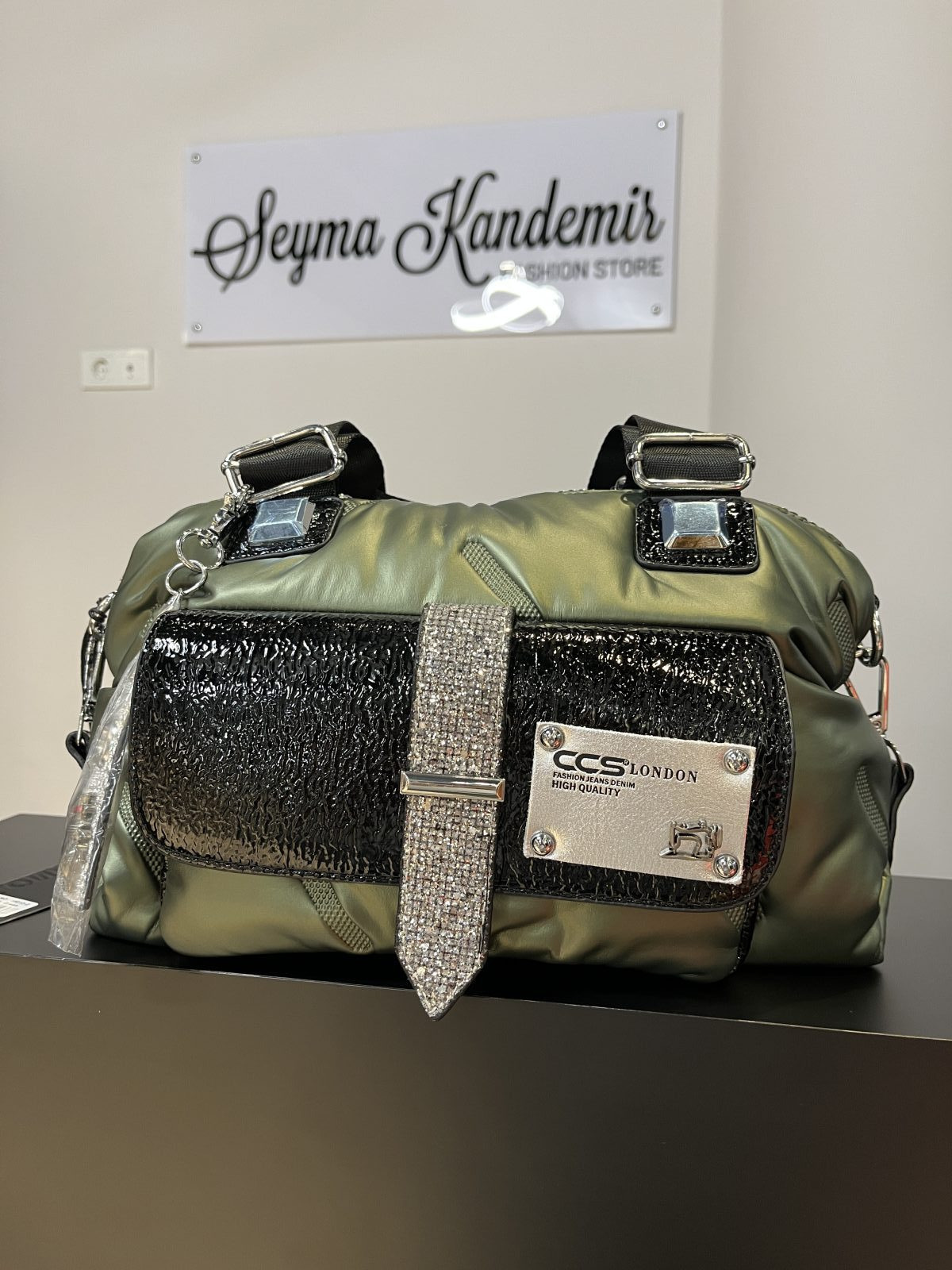 Yeşil Taş Detaylı Omuz ve El Çantası