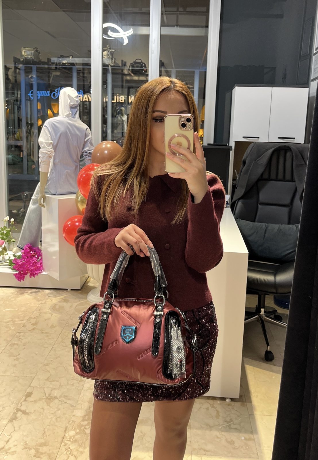 Bordo Fermuar Detaylı Omuz ve El Çantası