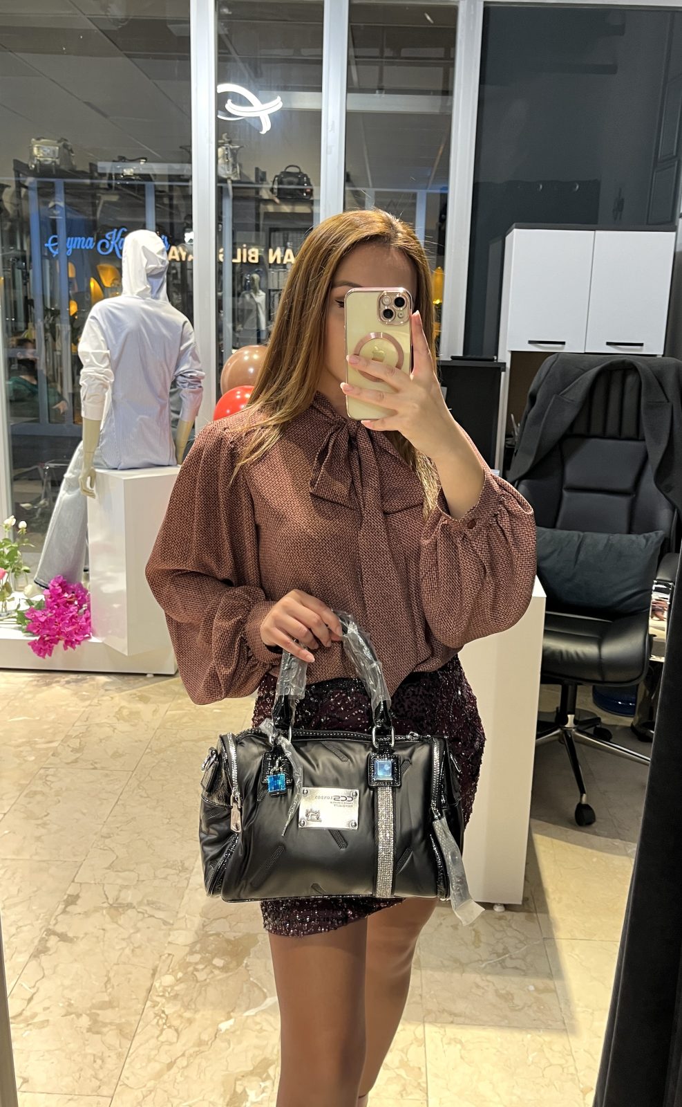 Siyah Şerit Taş Detaylı El ve Omuz Çantası