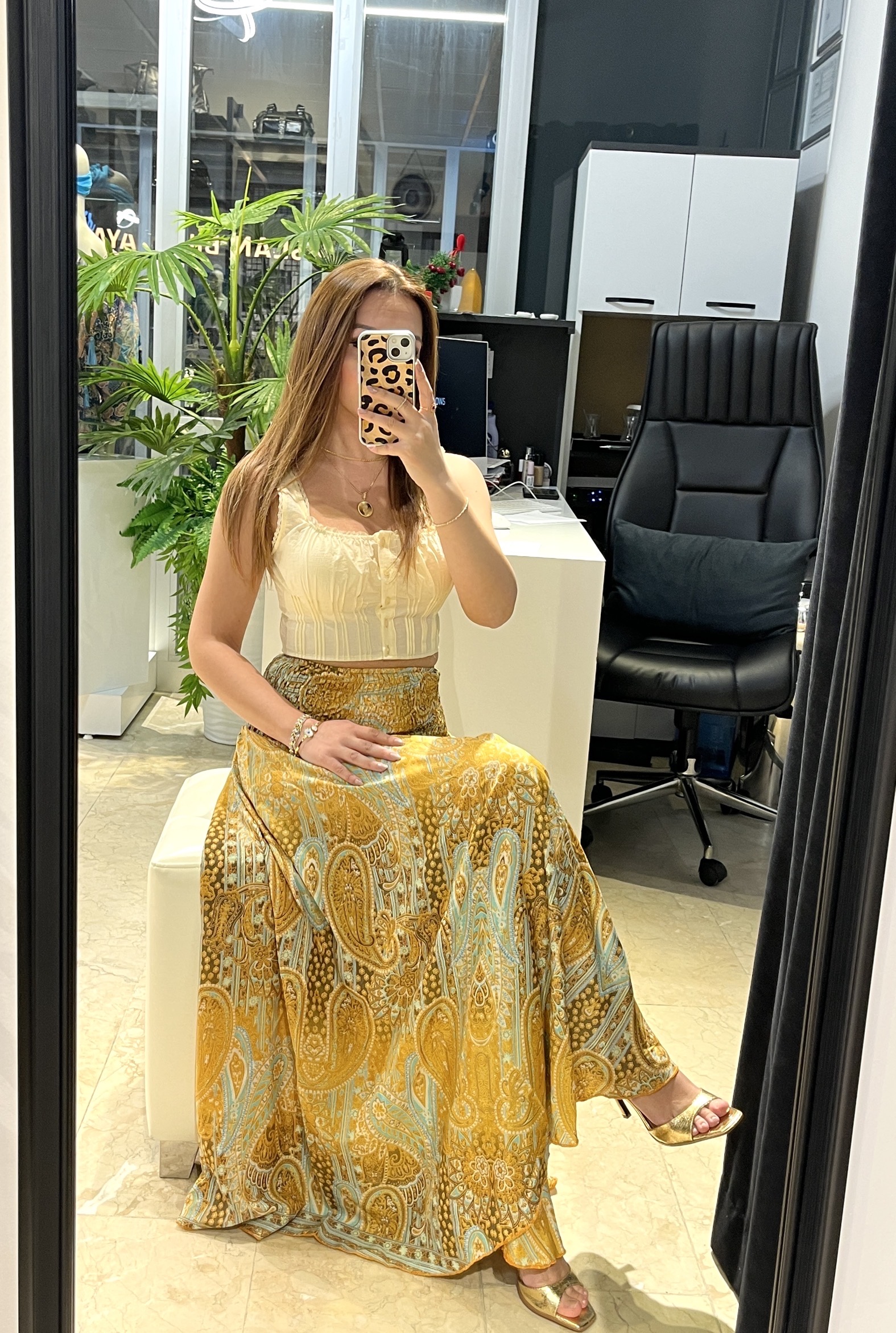 Sarı Desenli İpek Pantolon Etek