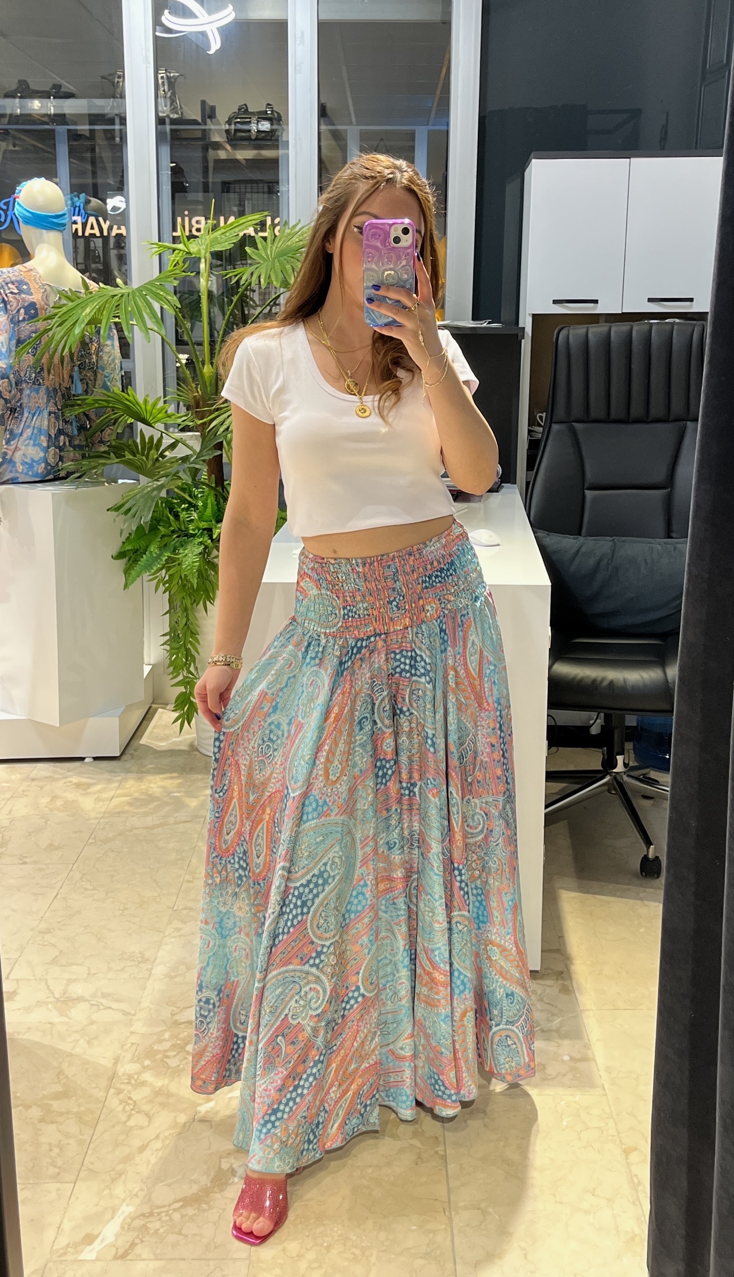 Yeşil Desenli İpek Pantolon Etek