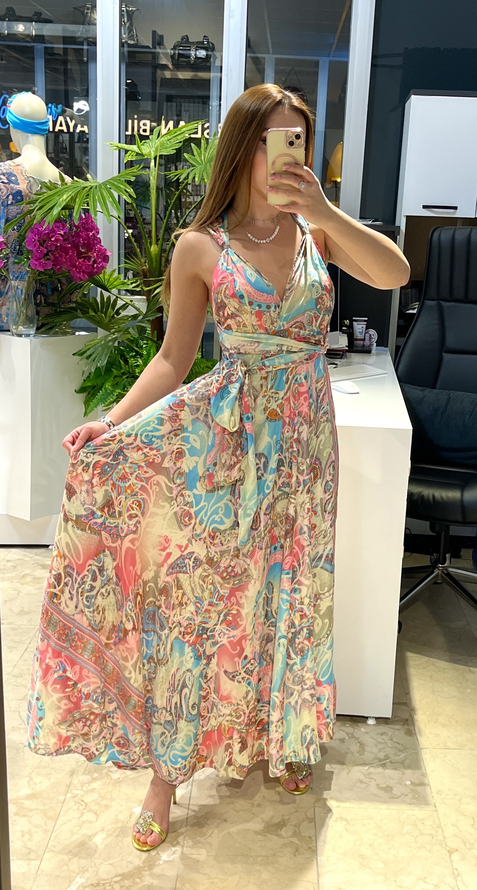 Pembe Desenli Bağlama Detaylı Sarı İpek Elbise