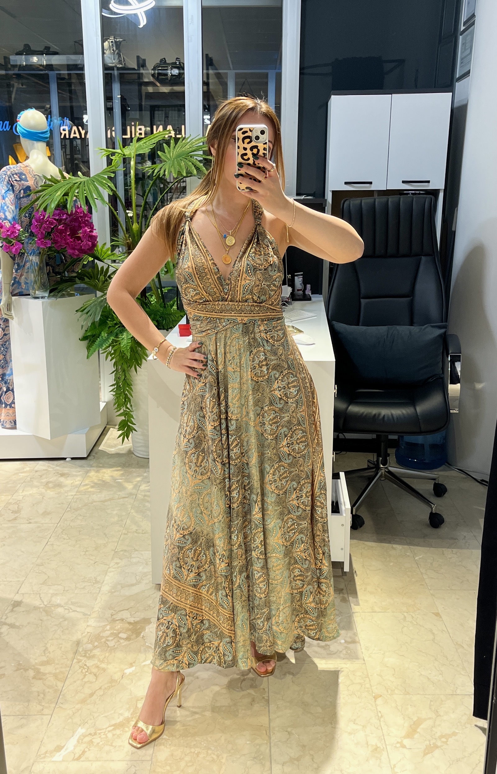 Koyu Yeşil Desenli Bağlama Detaylı İpek Elbise